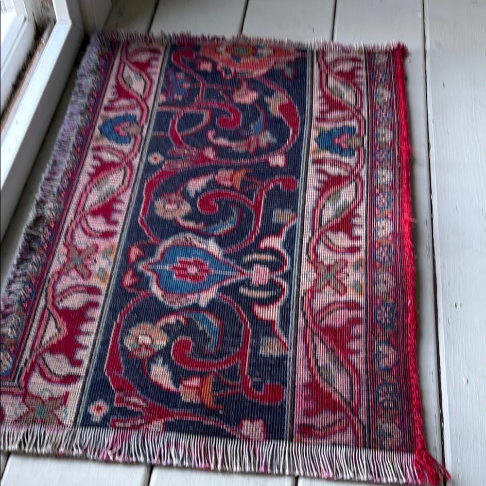 Classic hand knotted Red and Blue Patterned Wool Persian rug Door Mat.